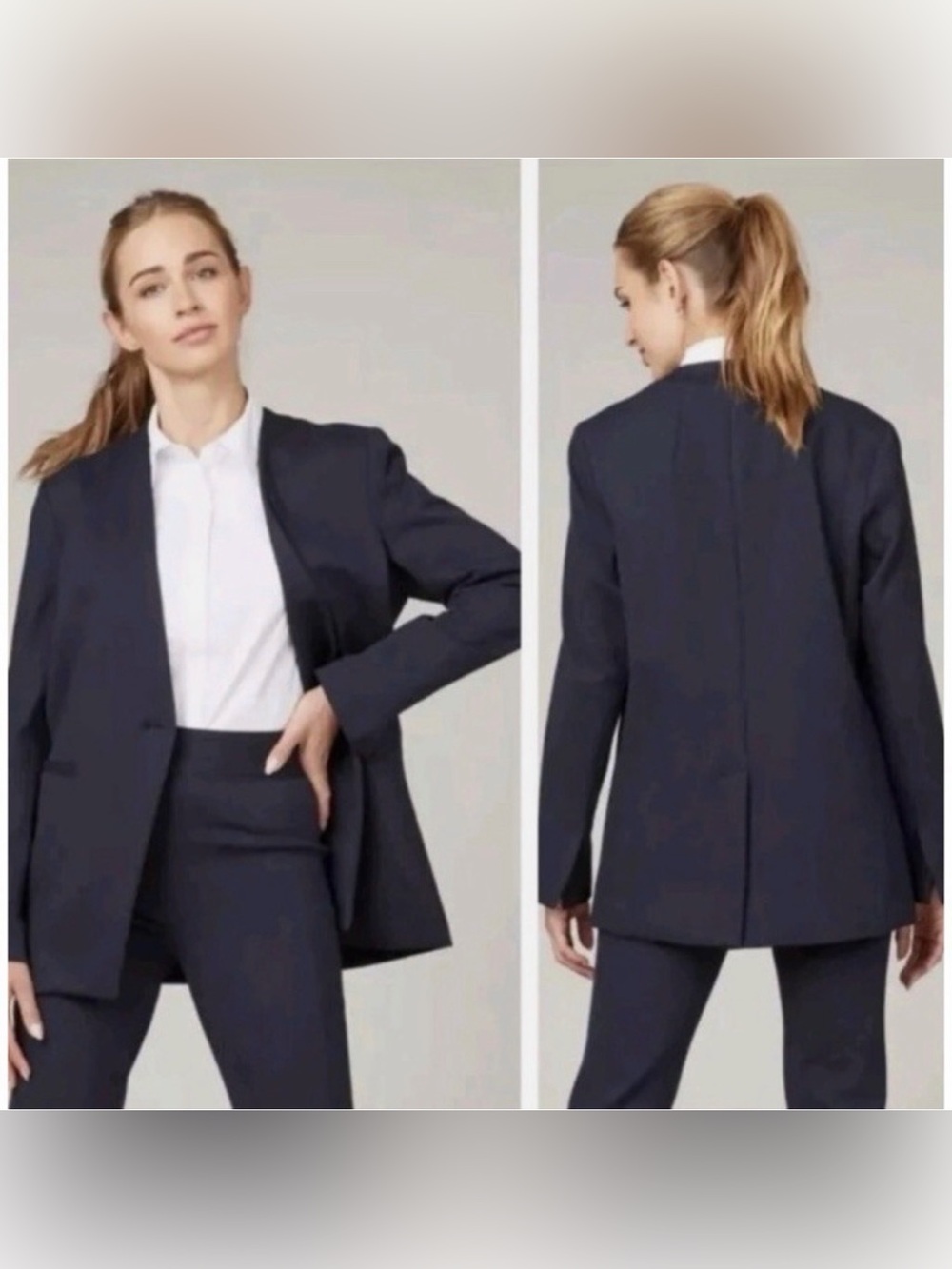 SPANX Navy Pinstripe Ponte Collarless Blazer